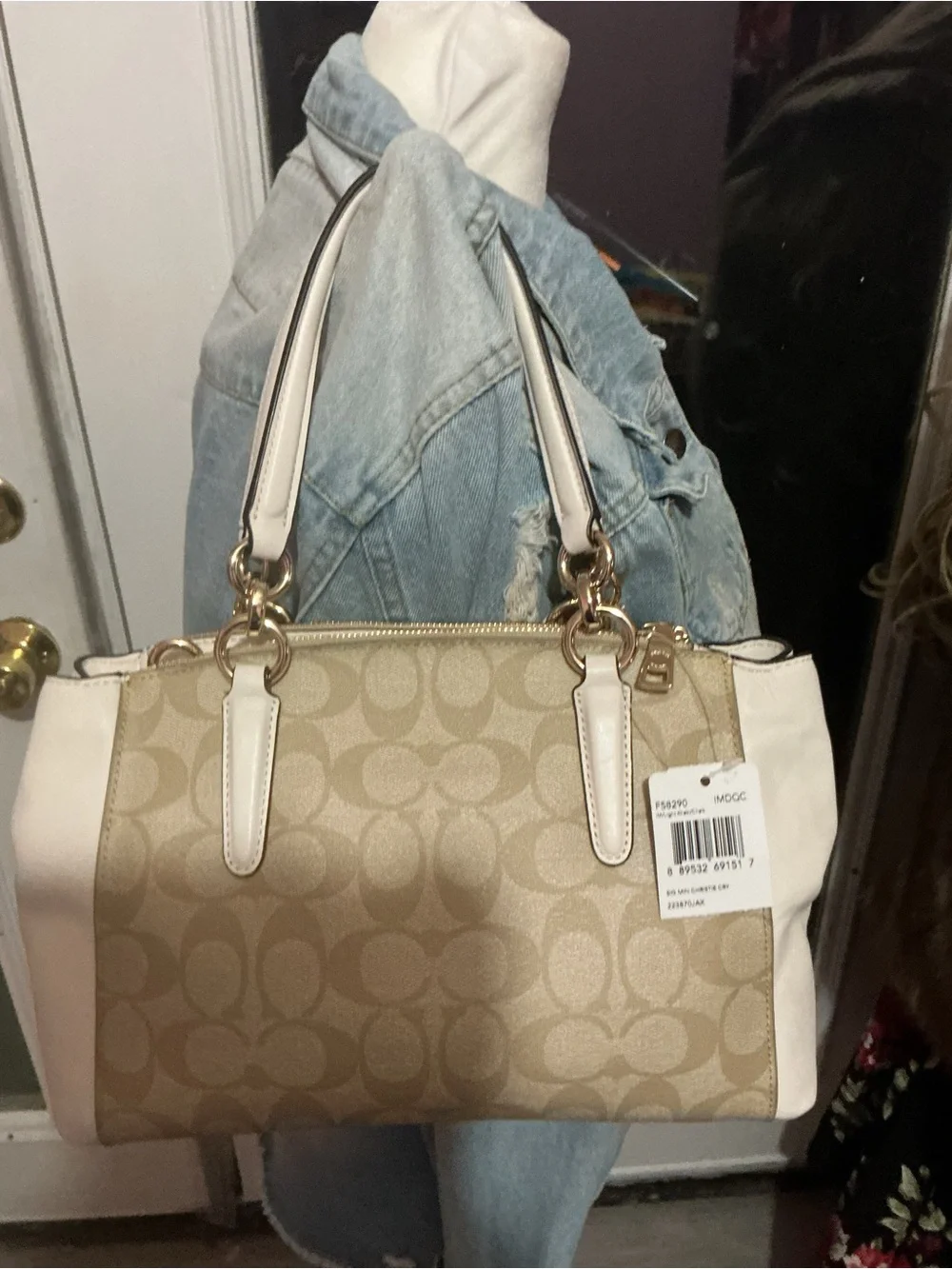 Coach Beige Signature Satchel with White Trim and Pink Accents